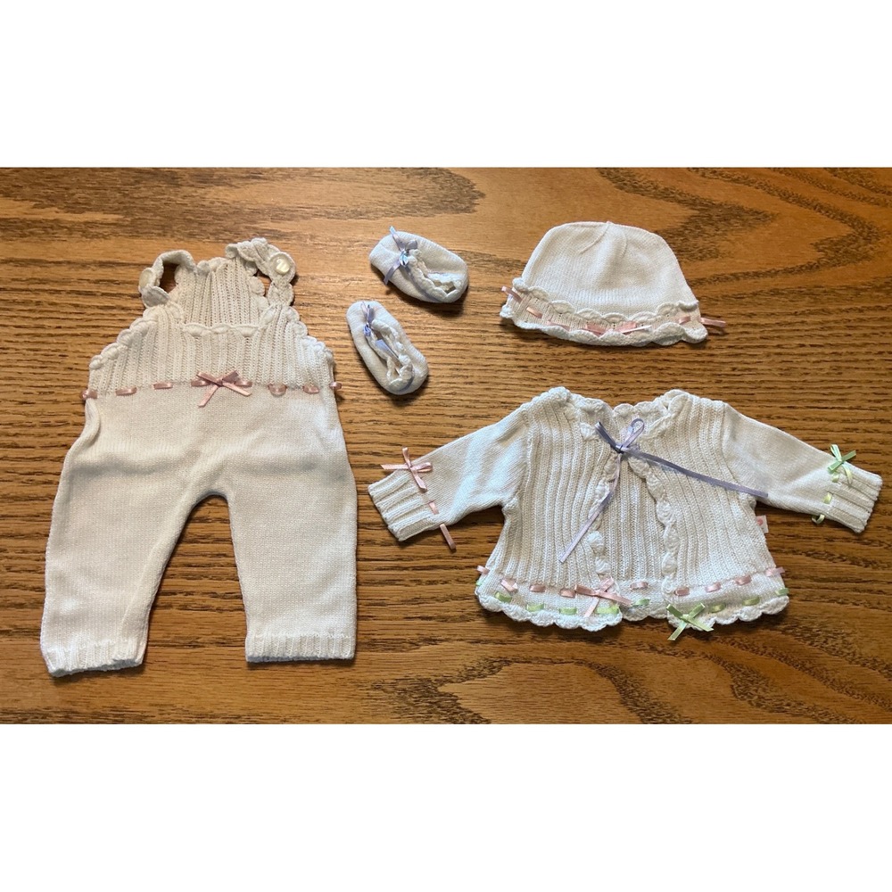 Vintage American Girl Bitty Baby Outfit Set Cardigan Overalls Bonnet Booties